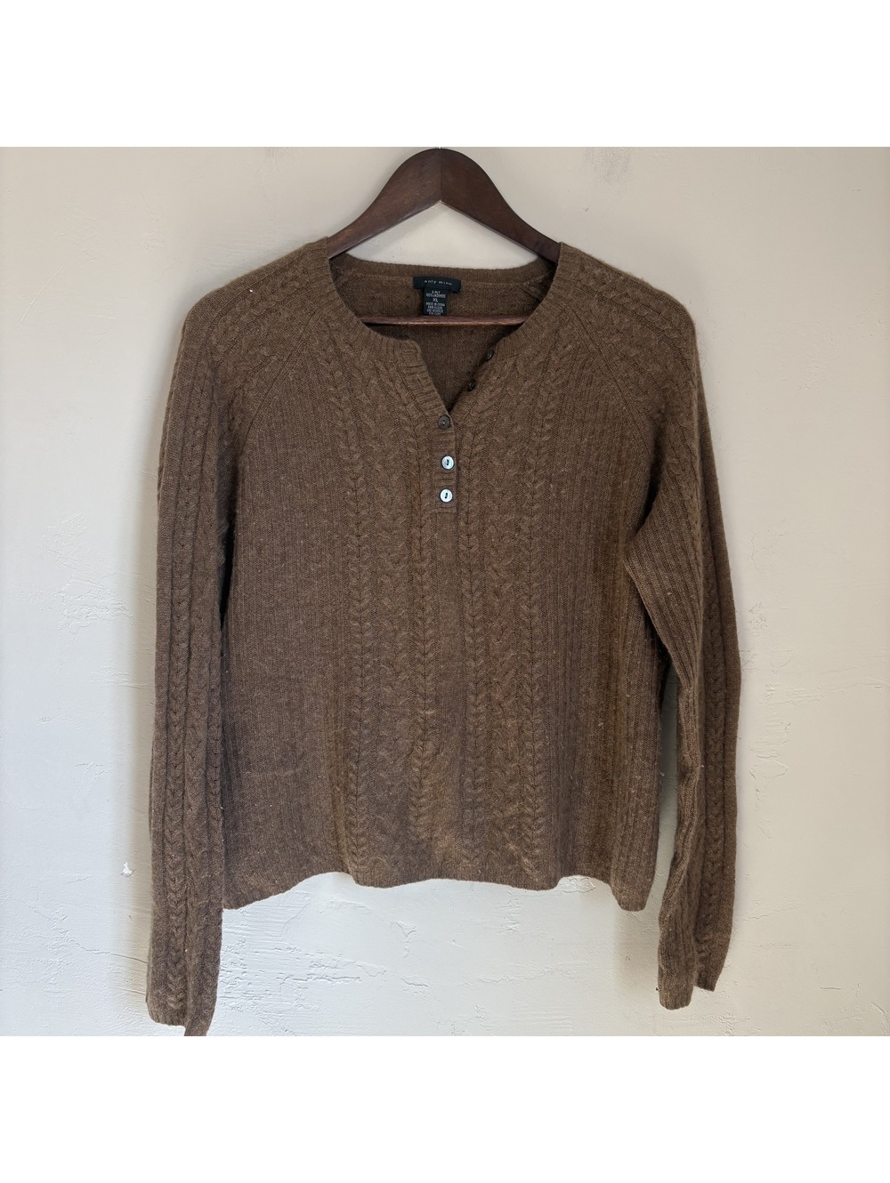 Only Mine Cashmere Sweater Womens XL Brown Cable Knit Henley 2-Ply Soft Pullover
